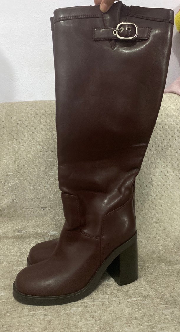 Kahverengi Deri Dizüstü Stiletto Çizme - Görsel 2