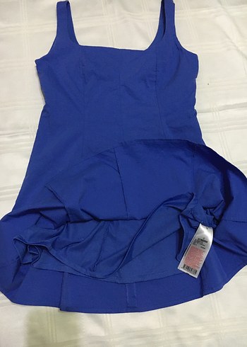 Mavi Mini Kare Yaka Kolsuz Elbise - Görsel 5