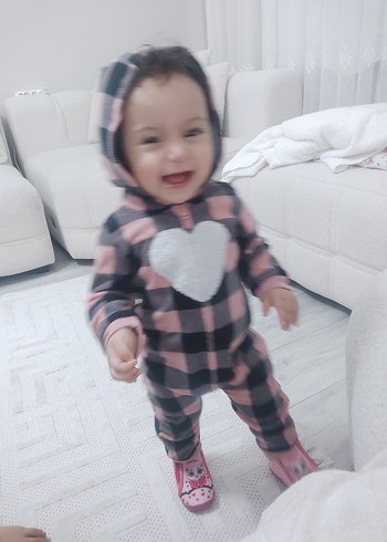 Kapüşonlu Pembe Gri Kareli Bebek Tulumu - Görsel 2