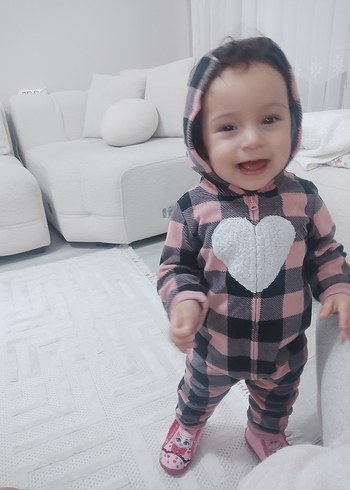 Kapüşonlu Pembe Gri Kareli Bebek Tulumu - Görsel 3