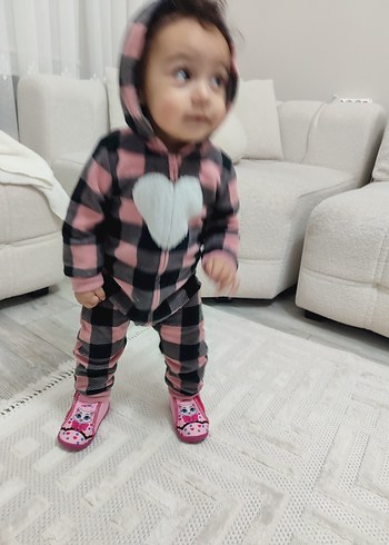 Kapüşonlu Pembe Gri Kareli Bebek Tulumu - Görsel 5