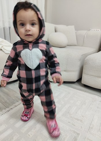 Kapüşonlu Pembe Gri Kareli Bebek Tulumu - Görsel 6