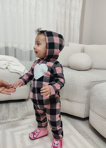 Kapüşonlu Pembe Gri Kareli Bebek Tulumu - Görsel 7