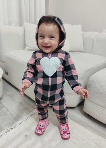 Kapüşonlu Pembe Gri Kareli Bebek Tulumu - Görsel 8