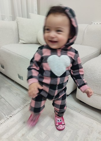 Kapüşonlu Pembe Gri Kareli Bebek Tulumu - Görsel 9