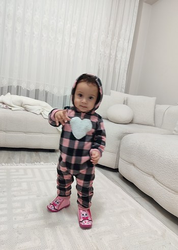 Kapüşonlu Pembe Gri Kareli Bebek Tulumu - Görsel 11