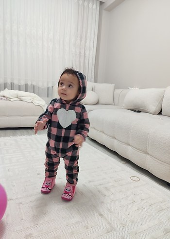 Kapüşonlu Pembe Gri Kareli Bebek Tulumu - Görsel 12