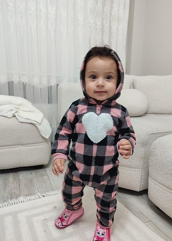 Kapüşonlu Pembe Gri Kareli Bebek Tulumu - Görsel 13