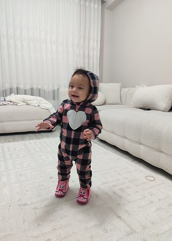 Kapüşonlu Pembe Gri Kareli Bebek Tulumu - Görsel 14