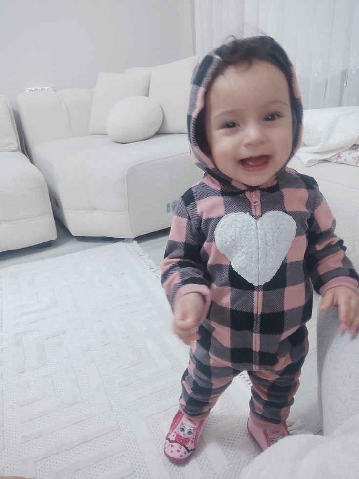 Kapüşonlu Pembe Gri Kareli Bebek Tulumu - Görsel 3