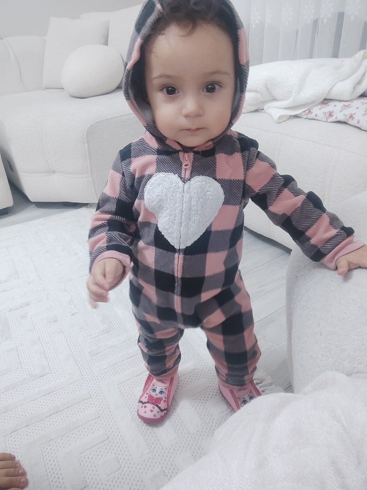 Kapüşonlu Pembe Gri Kareli Bebek Tulumu - Görsel 4