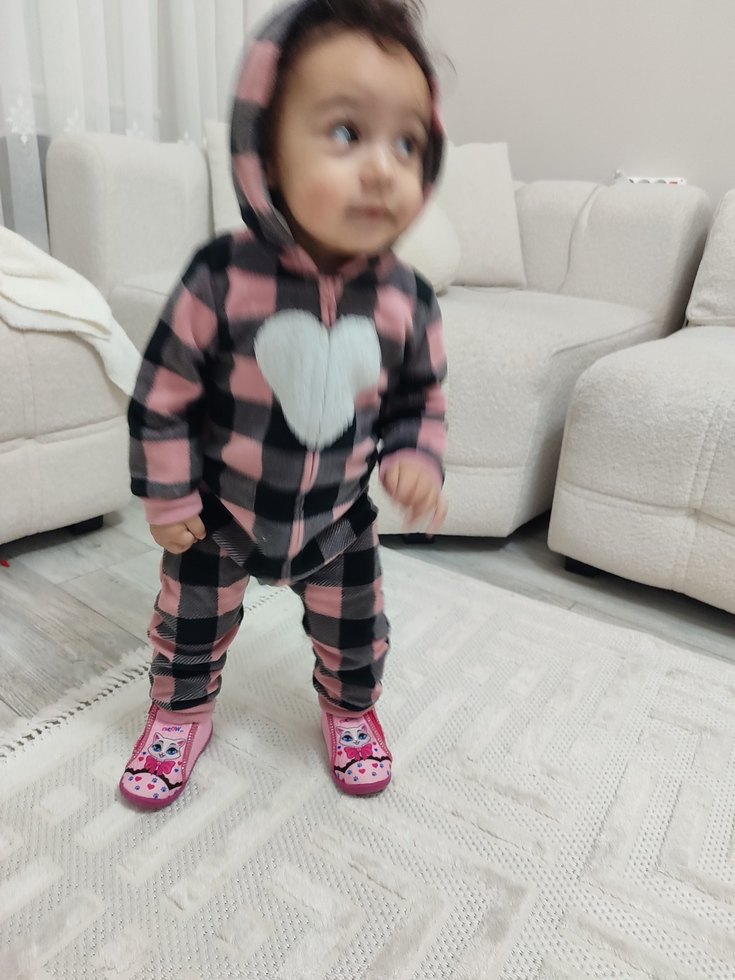 Kapüşonlu Pembe Gri Kareli Bebek Tulumu - Görsel 5