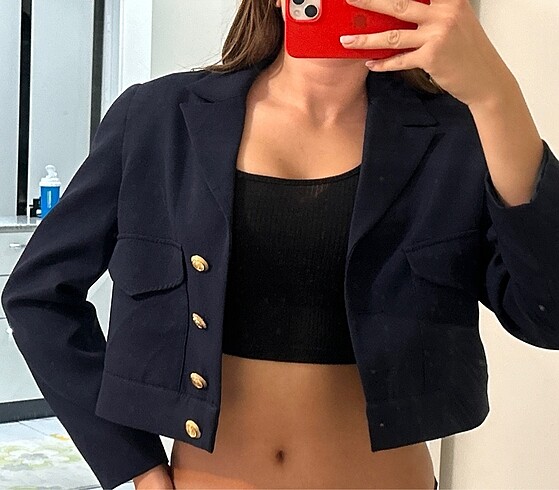 Koton Kısa Lacivert Blazer Gold Düğmeli
