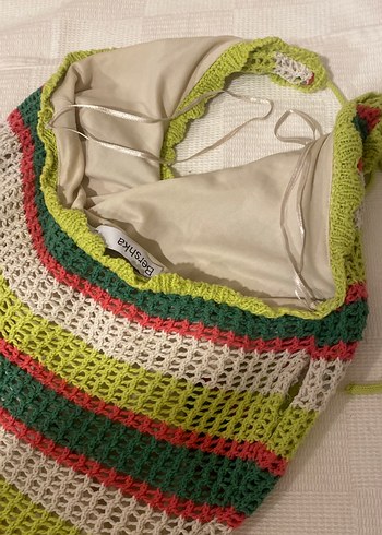 xs Beden Çizgili Halter Yaka Örgü Kadın Elbise