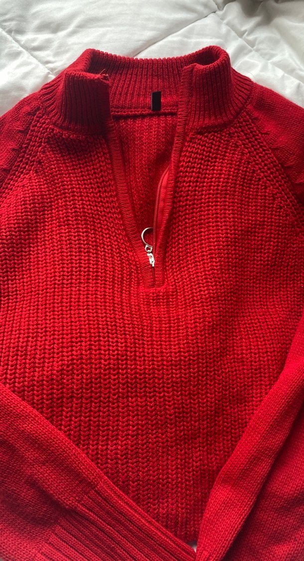 Kırmızı Yarım Fermuarlı Triko Kazak - Görsel 2