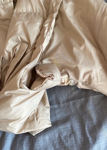 Bej Düğmeli Midi Keten Kadın Kışlık mont - Görsel 4