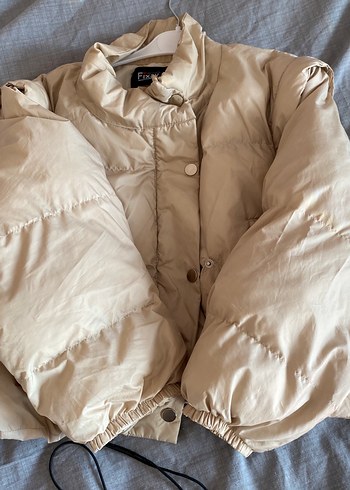 Bej Düğmeli Midi Keten Kadın Kışlık mont - Görsel 2