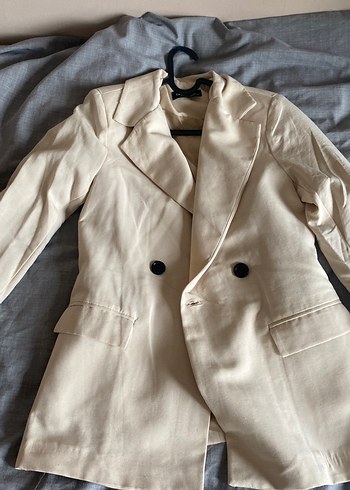 Kadın Beyaz Keten Midi Blazer Ceket - Görsel 2