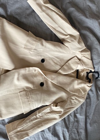 Kadın Beyaz Keten Midi Blazer Ceket - Görsel 4