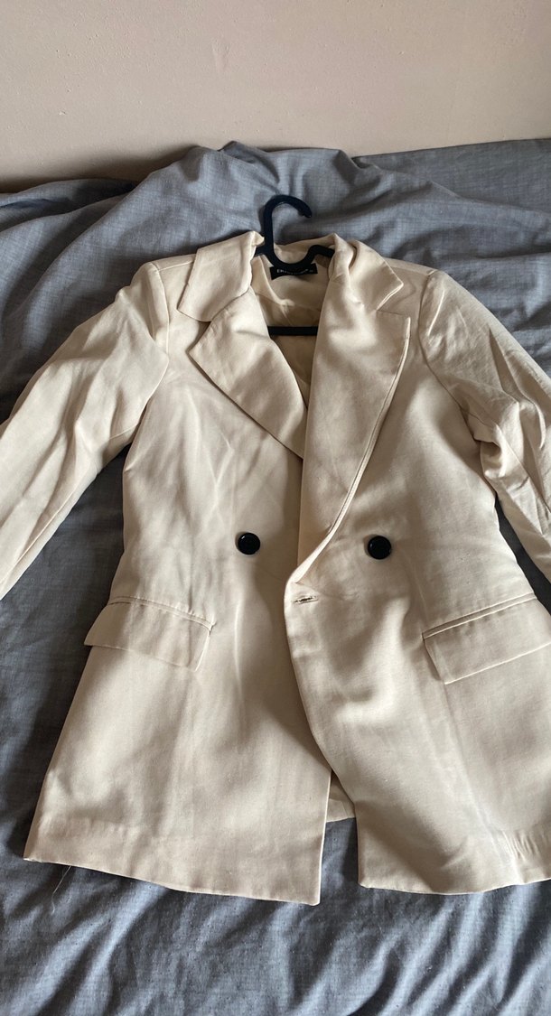 Kadın Beyaz Keten Midi Blazer Ceket - Görsel 2