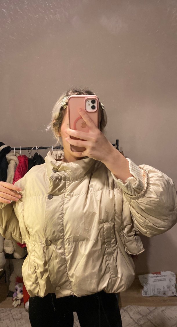 Bej Kadın Puff Mont, Yüksek Yakalı, Rahat Kesim - Görsel 4