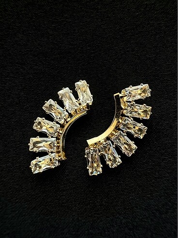 Çivisi Gümüş Baget Taşlı Gold Küpe | Çift