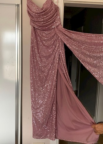 Pembe Drapeli Uzun Straplez Abiye - Görsel 3