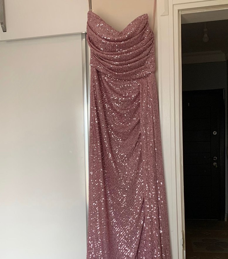 Pembe Drapeli Uzun Straplez Abiye - Görsel 5