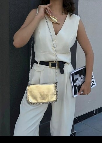 Parlak Altın Zincirli Deri Kadın Çanta - Görsel 3