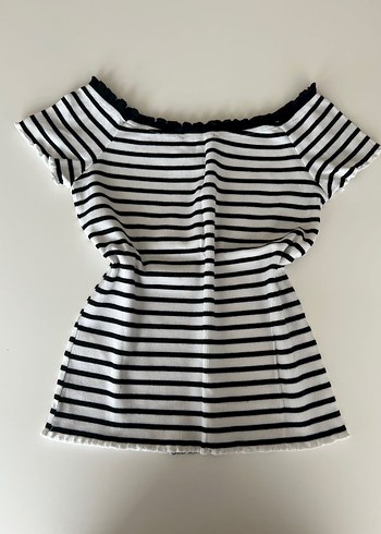 Mavi Jeans Kısa Kollu Beyaz Gri Çizgili Tişört Bluz - Görsel 4