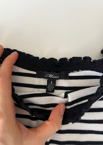 Mavi Jeans Kısa Kollu Beyaz Gri Çizgili Tişört Bluz - Görsel 3