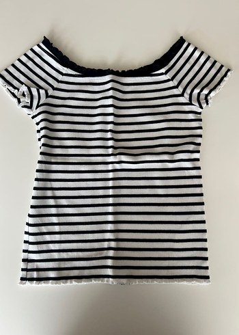 Mavi Jeans Kısa Kollu Beyaz Gri Çizgili Tişört Bluz - Görsel 2