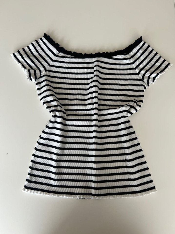 Mavi Jeans Kısa Kollu Beyaz Gri Çizgili Tişört Bluz - Görsel 4