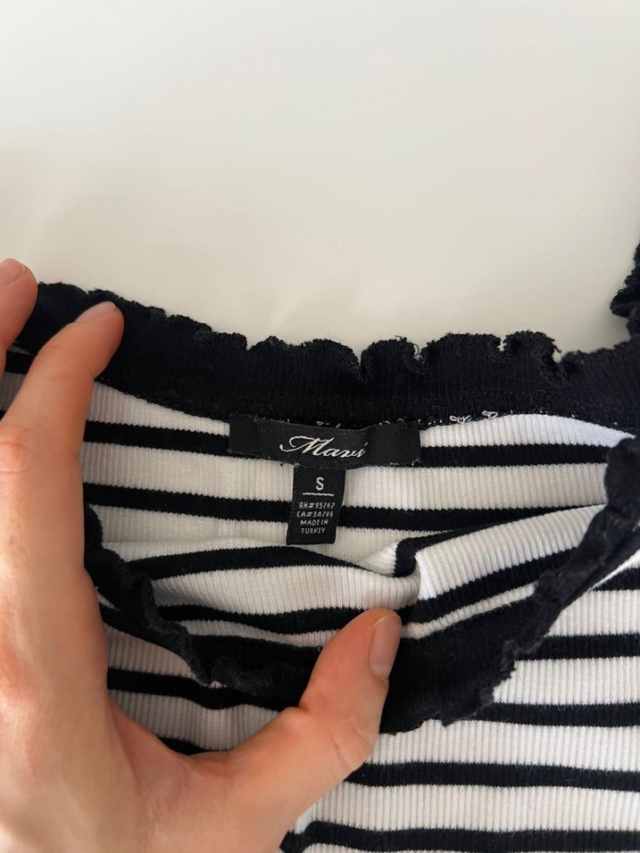 Mavi Jeans Kısa Kollu Beyaz Gri Çizgili Tişört Bluz - Görsel 3