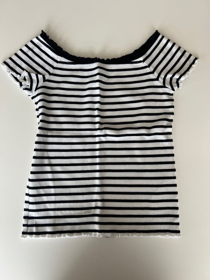 Mavi Jeans Kısa Kollu Beyaz Gri Çizgili Tişört Bluz - Görsel 2