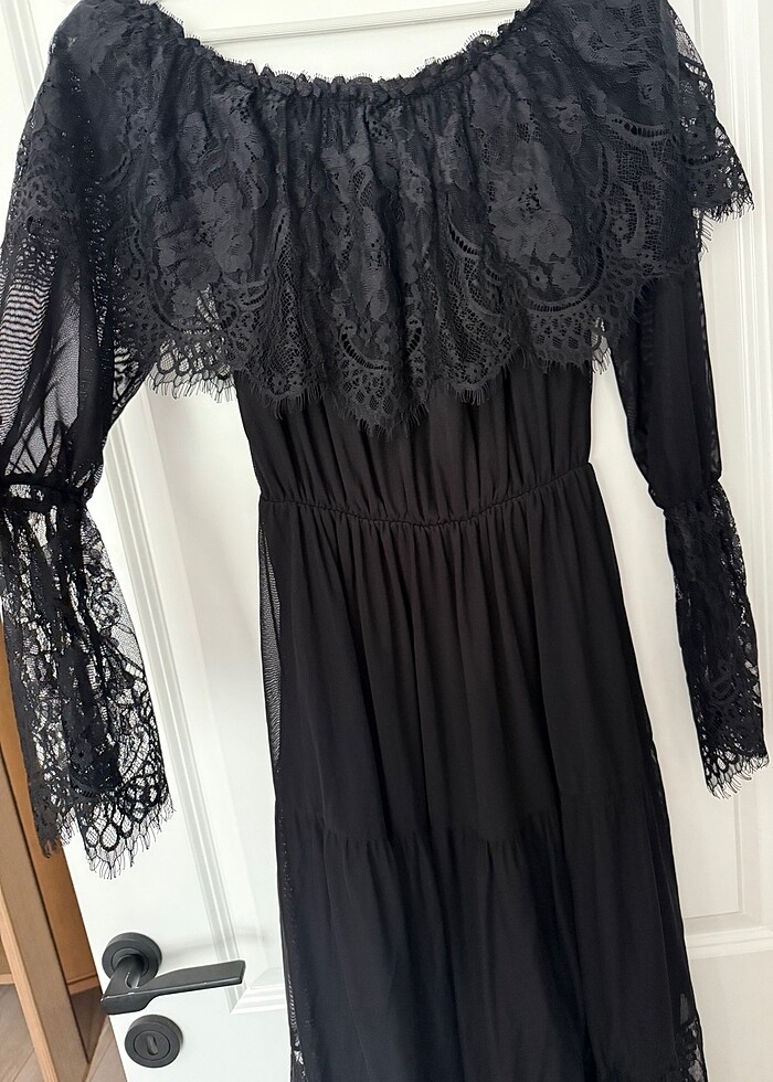 Romantik midi boy sıyah elbise - Görsel 2