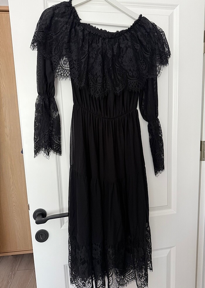 Romantik midi boy sıyah elbise - Görsel 3
