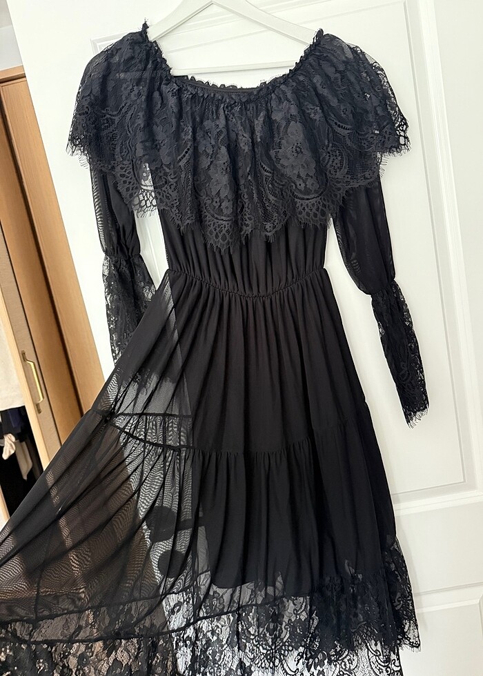 Romantik midi boy sıyah elbise - Görsel 5