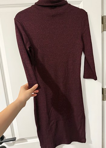 Bordo Yünlü Yarım Balıkçı Yaka Triko Elbise - Görsel 2