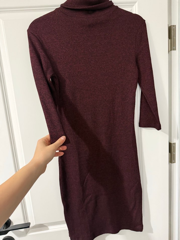 Bordo Yünlü Yarım Balıkçı Yaka Triko Elbise - Görsel 2