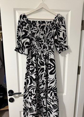 Siyah Beyaz Desenli Uzun Bohem Elbise - Görsel 2