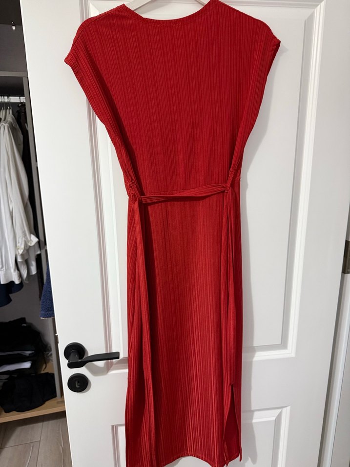 Kırmızı Pilili Uzun Kadın Elbise - Görsel 5