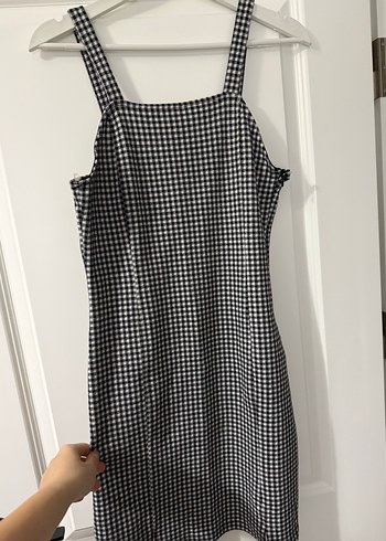 Siyah Beyaz Kareli Midi Askılı Elbise (salopet) - Görsel 3
