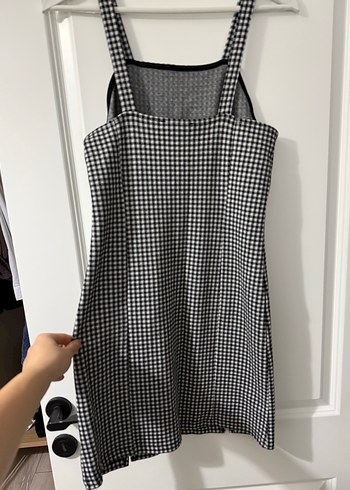 Siyah Beyaz Kareli Midi Askılı Elbise (salopet) - Görsel 2