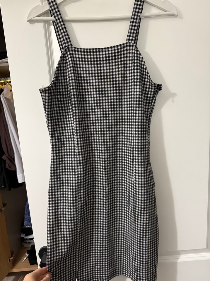 Siyah Beyaz Kareli Midi Askılı Elbise (salopet) - Görsel 4