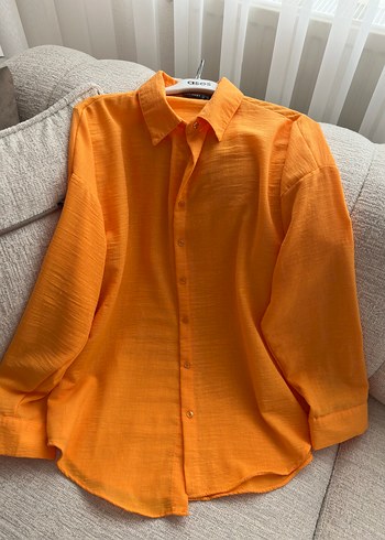 Turuncu Düğmeli Keten Kadın Gömlek - Görsel 4