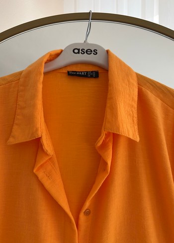 Turuncu Düğmeli Keten Kadın Gömlek - Görsel 3