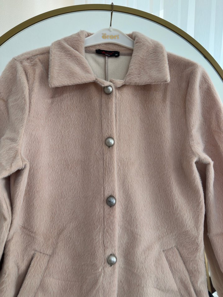 Pudra renkli Düğmeli Midi Kadın Klasik ince Kaban - Görsel 2