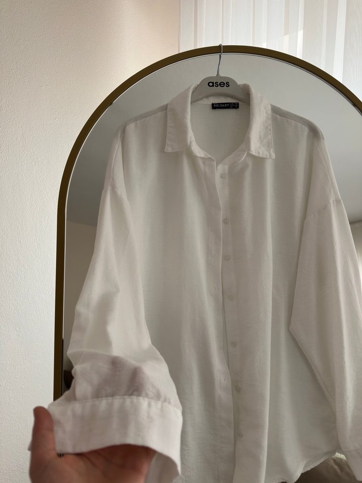 Bigdart Beyaz Keten Düğmeli Kadın Gömlek - Görsel 2