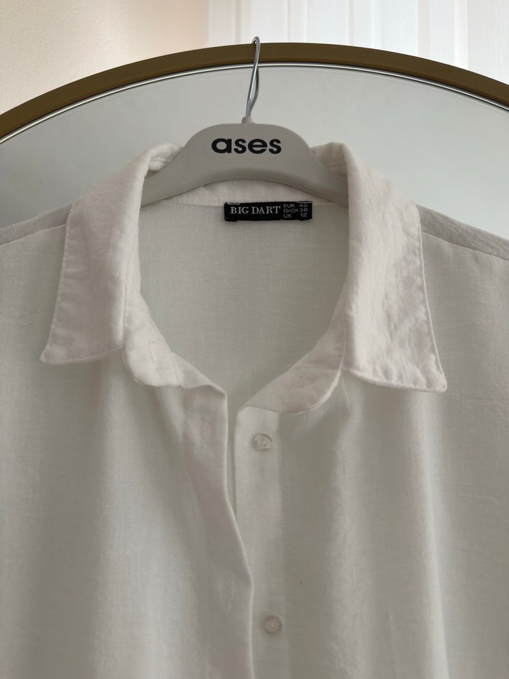 Bigdart Beyaz Keten Düğmeli Kadın Gömlek - Görsel 3